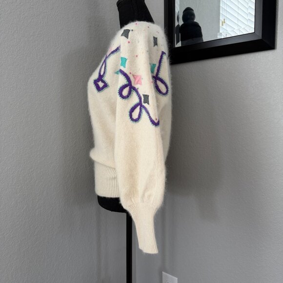 Vintage 80s Pastel Angora Geometric Sweater Cream Ivory Large - Picture 7 of 12